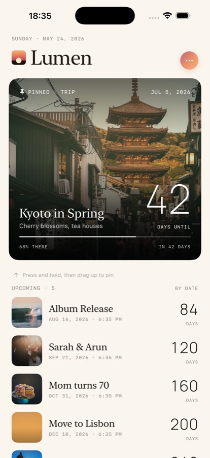 The Lumen home screen — a pinned countdown above a list of upcoming days